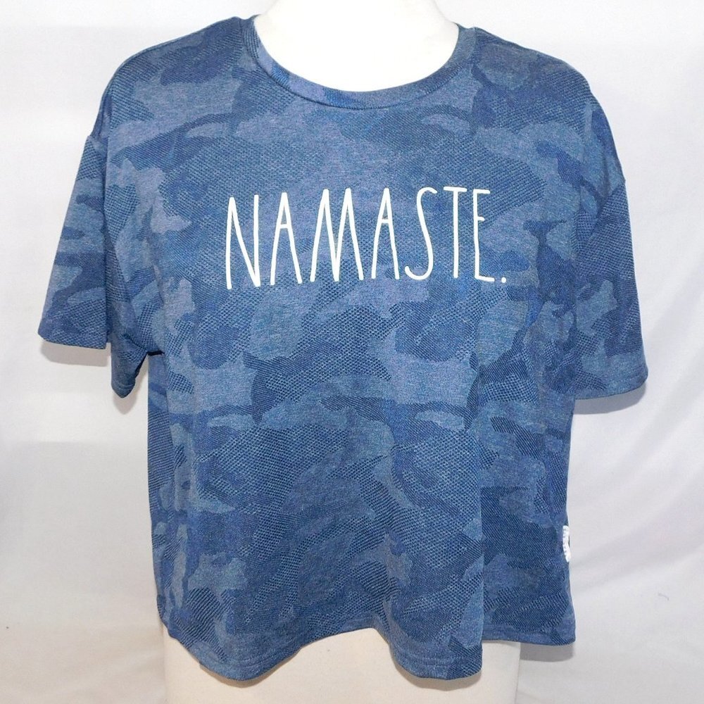 Rae Dunn NAMASTE Blue Camo Crop Top Shirt Peek a boo Back Womens L